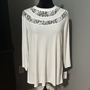 NY‎ Collection Womens Blouse XL White Lace Yoke 3/4 Sleeve Cottagecore NWT